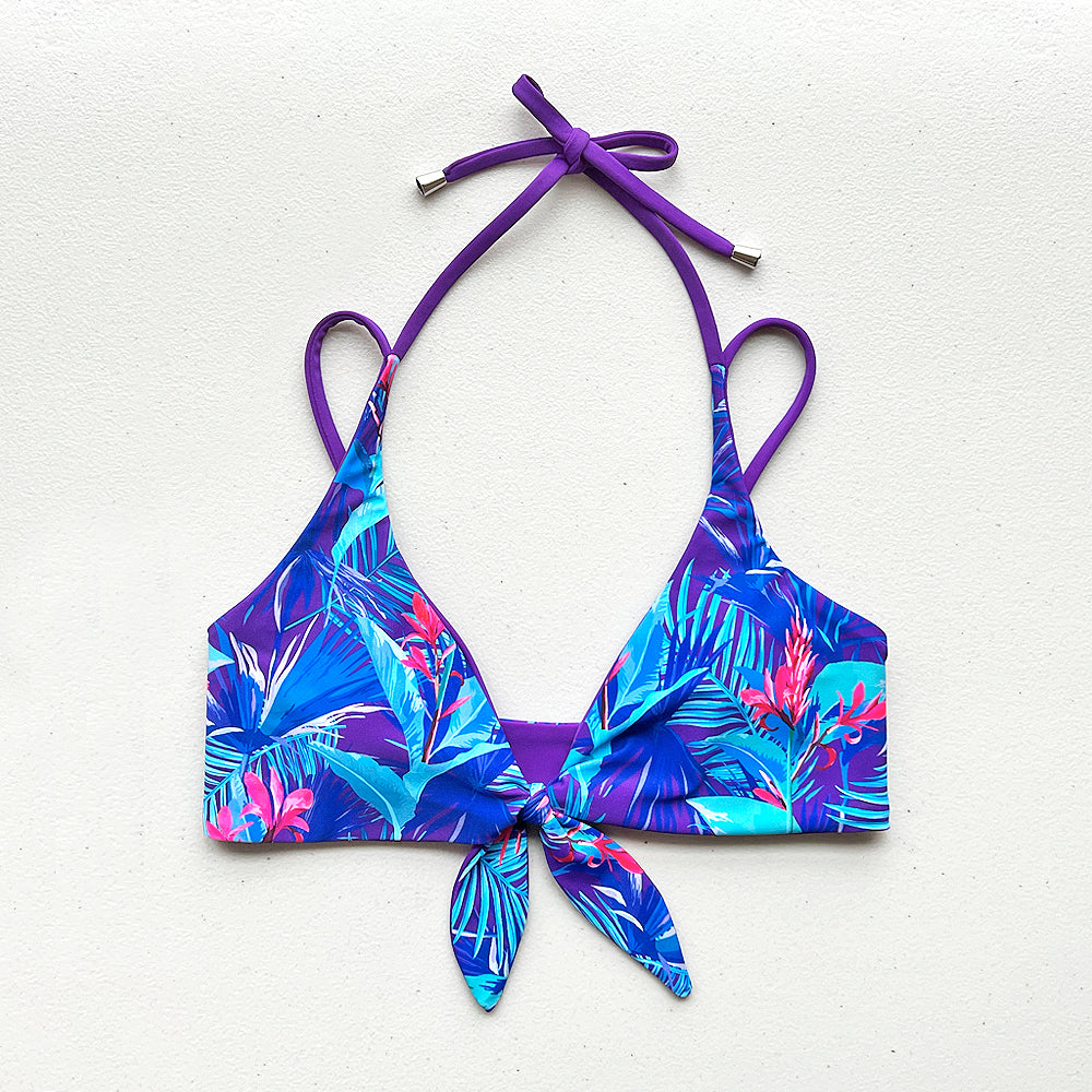 Blue Lagoon + Paradise Purple Reversible Tie-Front Bikini Top