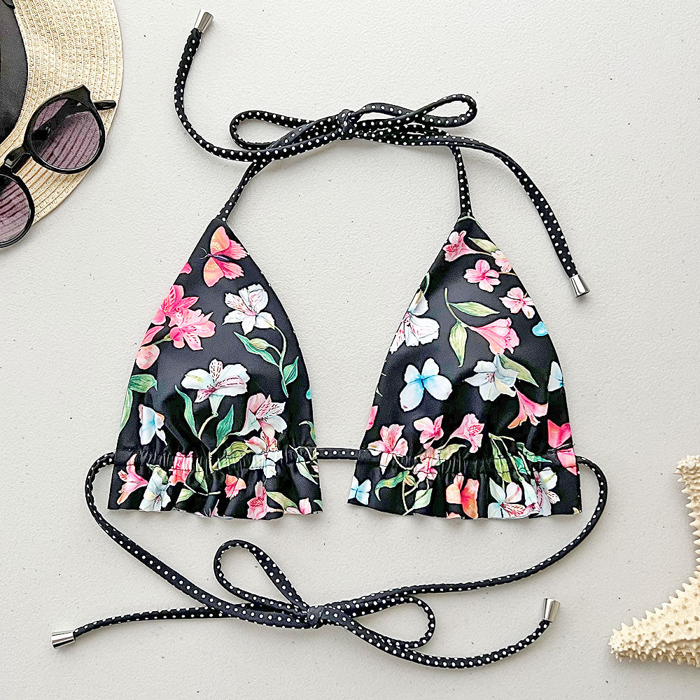 Petals + Polk-a-Dots Reversible Ruffled Triangle Bikini Top