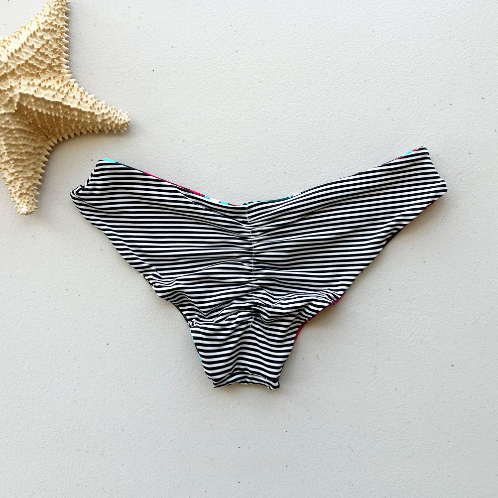 Hawaiian Hibiscus + Mini Stripes Reversible Cheeky Bikini Bottom