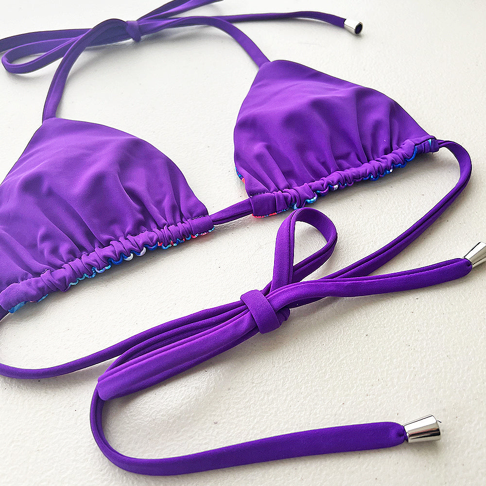 Blue Lagoon + Paradise Purple Reversible Triangle Bikini Top