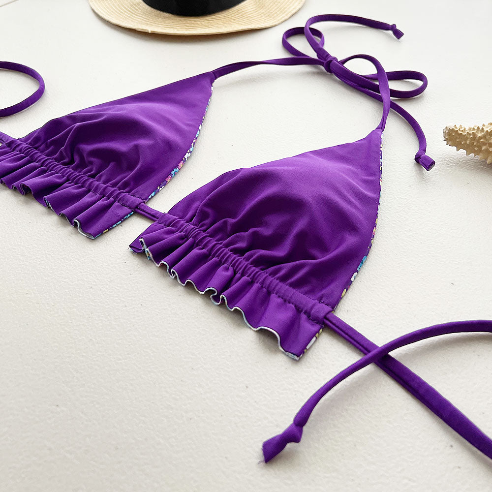 Flirty Flowers + Paradise Purple Reversible Ruffled Bikini Top