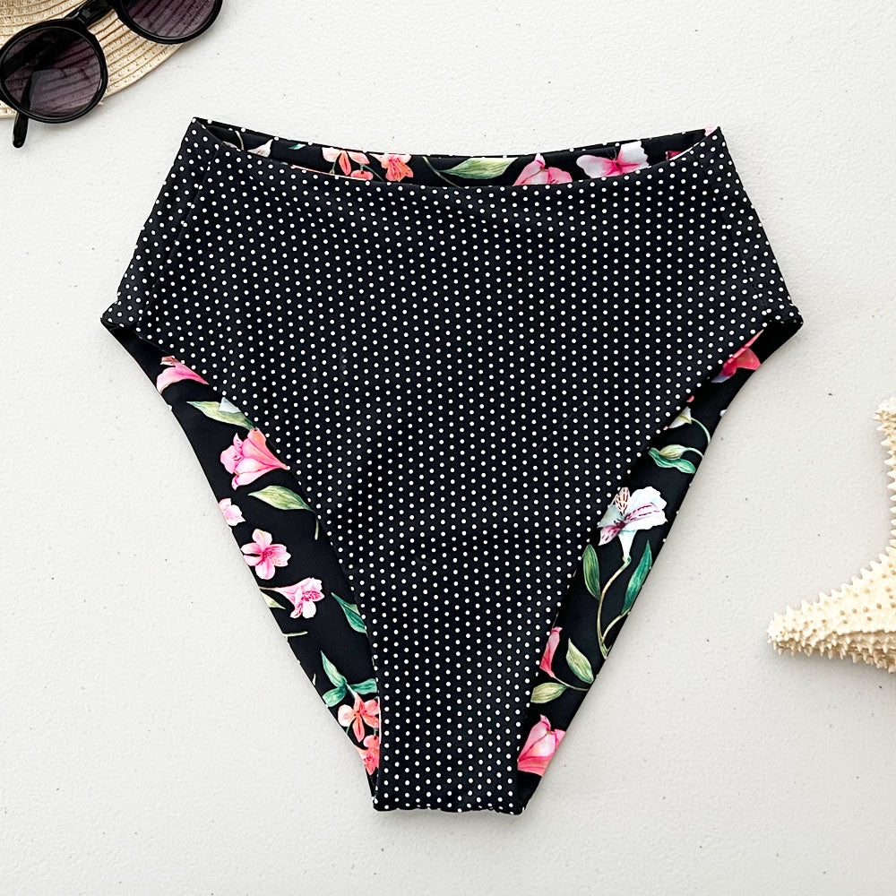 Petals + Polk-a-dots Reversible High-Waisted Bikini Bottom