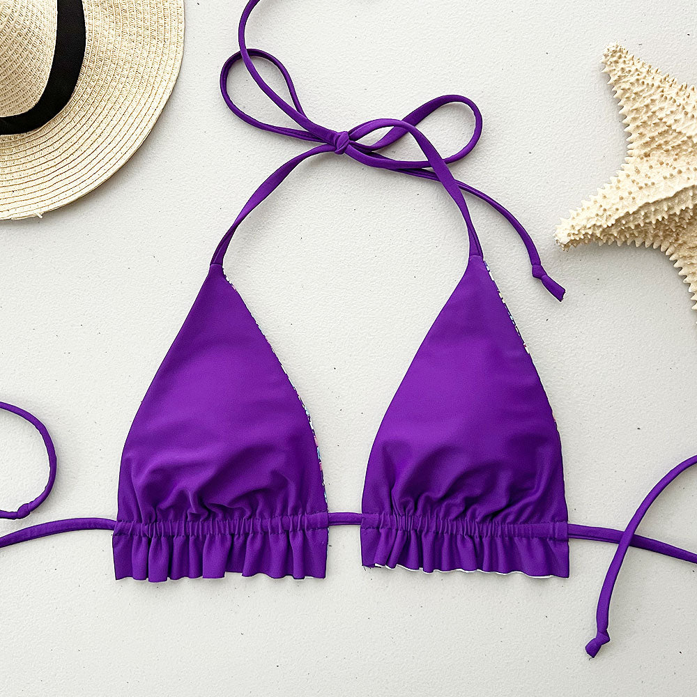 Flirty Flowers + Paradise Purple Reversible Ruffled Bikini Top