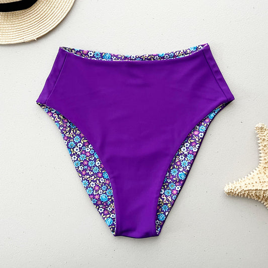 Flirty Flowers + Paradise Purple Reversible High-Waisted Bikini Bottom