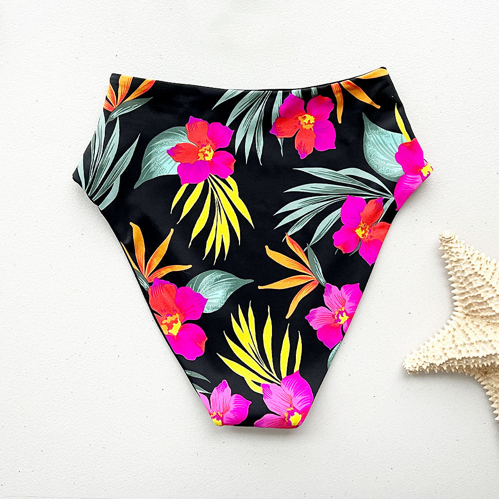 Tropical Crush + Bohemian Black Reversible High-Waisted Bikini Bottom