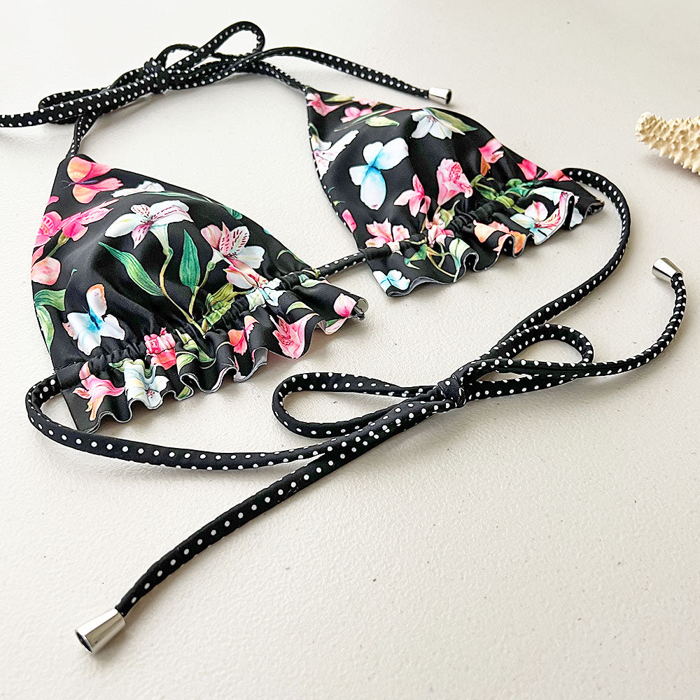 Petals + Polk-a-Dots Reversible Ruffled Triangle Bikini Top