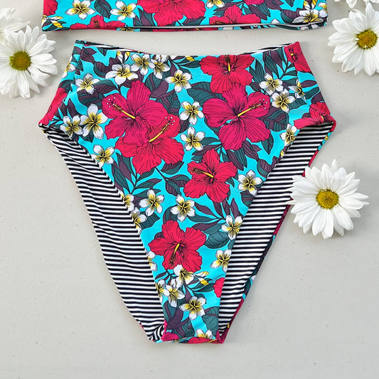 Hawaiian Hibiscus + Mini Stripes Reversible High-Waisted Bikini Bottom