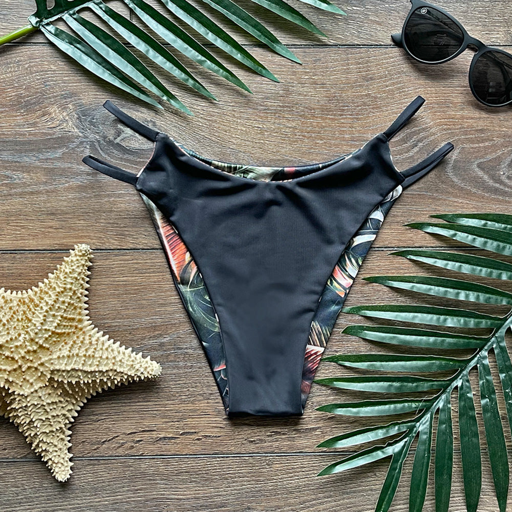 Organic Palm + Repreve® Bohemian Black Reversible Strappy Bikini Bottom