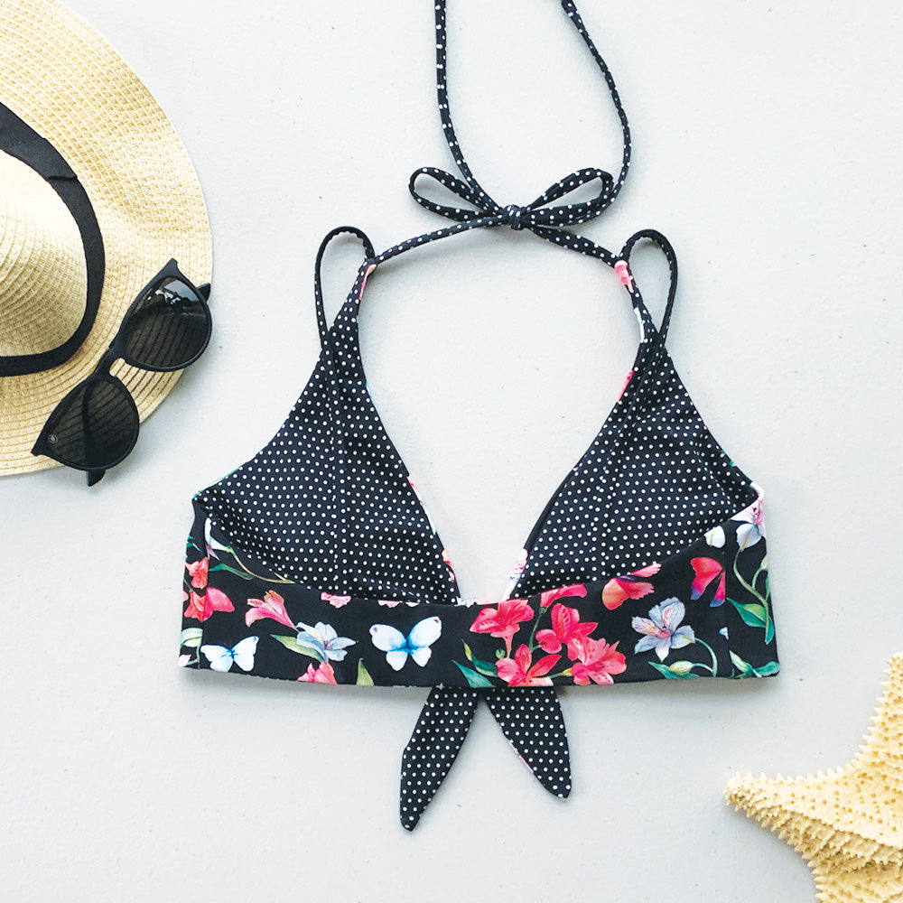 Petals + Polk-a-Dots Reversible Tie-Front Bikini Top
