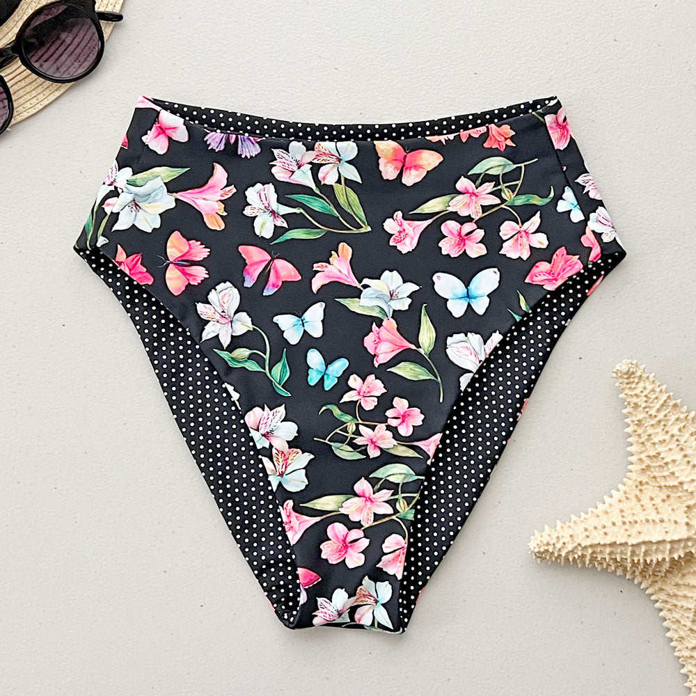 Petals + Polk-a-dots Reversible High-Waisted Bikini Bottom