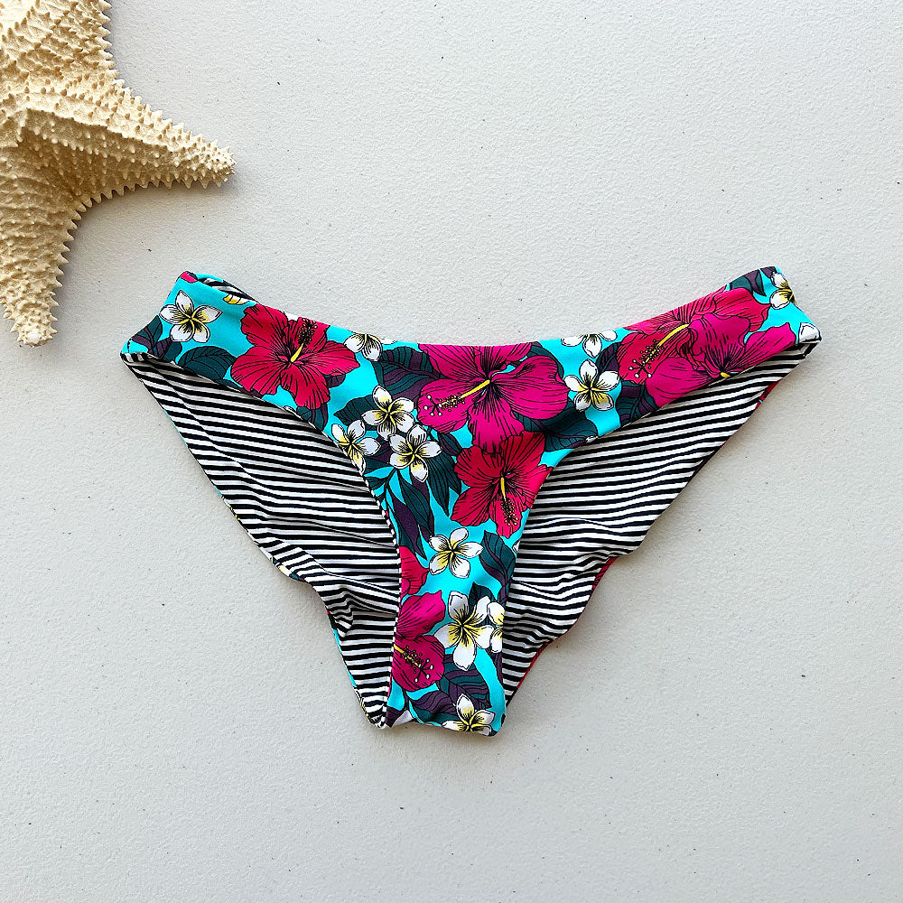 Hawaiian Hibiscus + Mini Stripes Reversible Cheeky Bikini Bottom