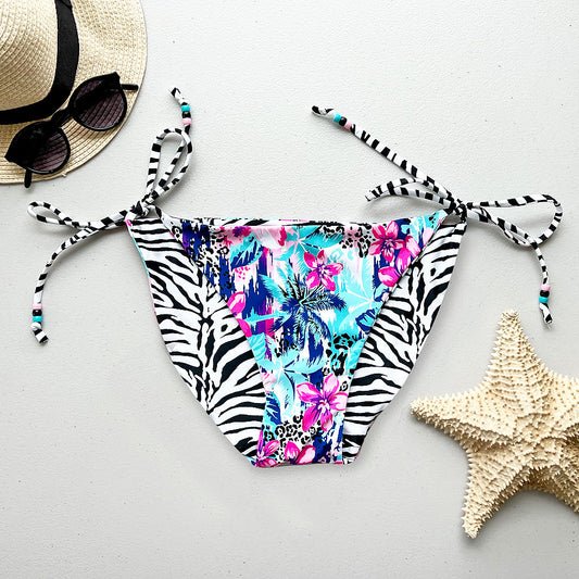 Jungle Cat + Zebra Print Reversible High Cut Tie Side Full Coverage Bikini Bottom
