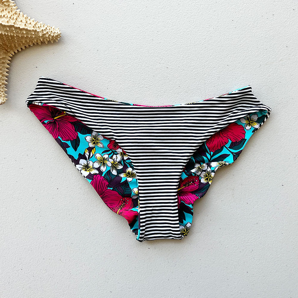 Hawaiian Hibiscus + Mini Stripes Reversible Cheeky Bikini Bottom