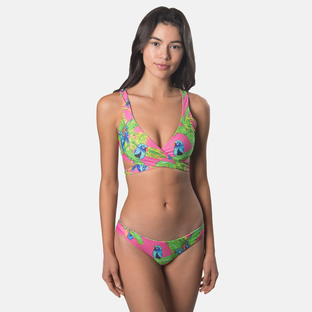 Party Parrots / Snow Leopard wrap top bikini set by Swoon Swimwear