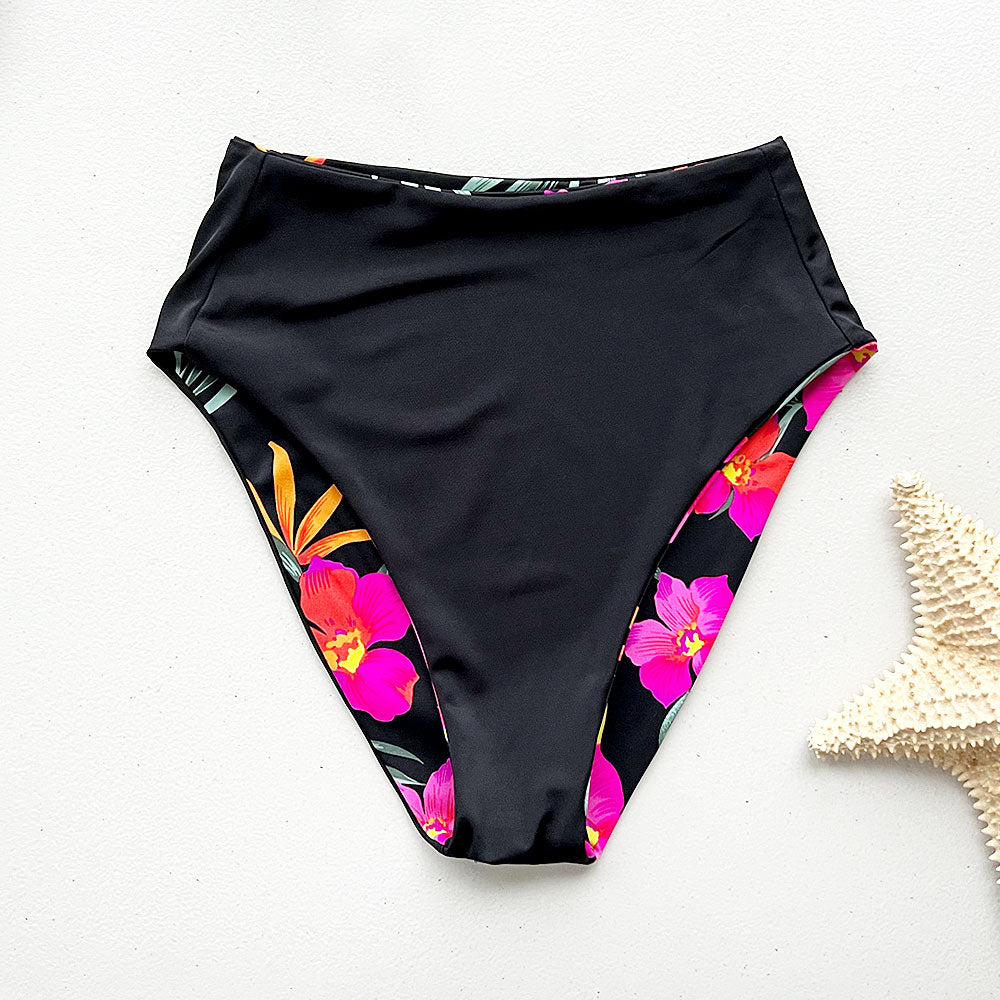 Tropical Crush + Bohemian Black Reversible High-Waisted Bikini Bottom