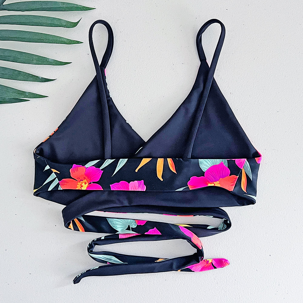 Tropical Crush + Bohemian Black Reversible Wrap Bikini Top