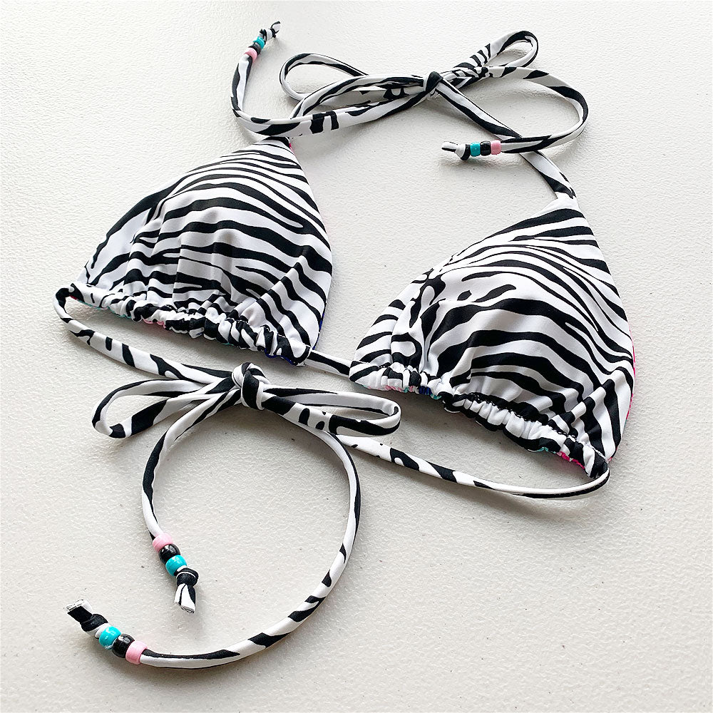 Jungle Cat + Zebra Print Reversible Triangle Bikini Top