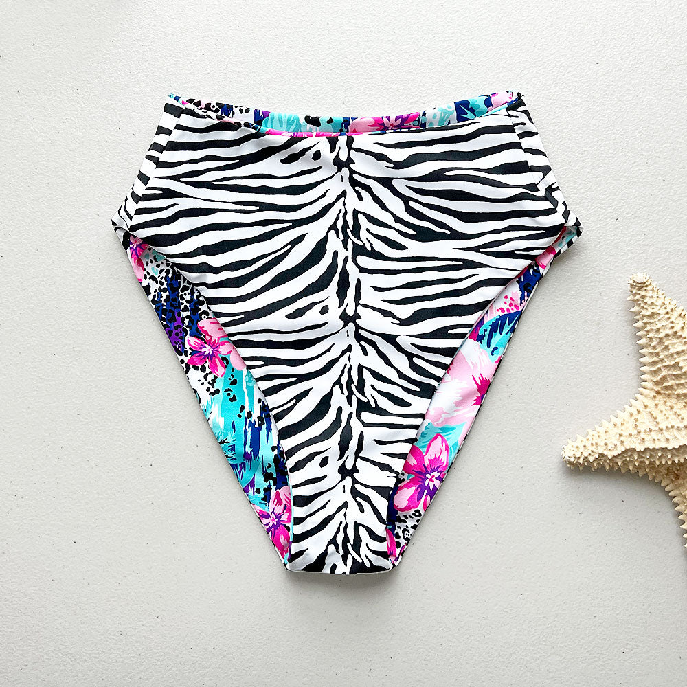 Jungle Cat + Zebra Print Reversible High-Waisted Bikini Bottom
